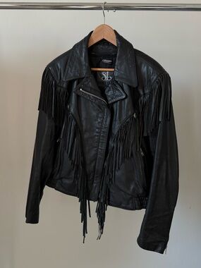 Fringed Black Leather Moto Jacket by